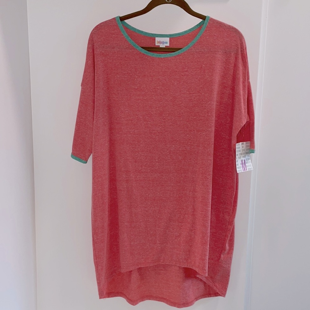 NWT Heathered light red with pale green trim Lularoe Irma. Longer in back.